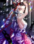  1girl absurdres bare_arms bare_hips blurry blurry_foreground breasts chain closed_mouth cowboy_shot eadgear earrings from_side hakama highres holding holding_weapon horns japanese_clothes jewelry kimono large_breasts long_hair one_piece oni_horns profile red_hakama sideboob sleeveless sleeveless_kimono solo standing very_long_hair weapon white_hair white_kimono yamato_(one_piece) yellow_eyes 