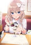  1girl blonde_hair blue_eyes blush braid breasts dessert food fruit hair_ornament hair_ribbon holding holding_spoon ice_cream indoors large_breasts long_hair looking_at_viewer nekokobushi open_mouth original parfait ribbon shirt smile solo spoon twin_braids upper_body white_shirt 