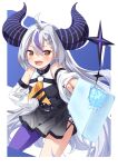  1girl absurdres ahoge ascot bare_shoulders black_horns braid braided_bangs detached_sleeves fang food grey_hair highres hololive horns la+_darknesss la+_darknesss_(1st_costume) long_hair looking_at_viewer multicolored_hair open_mouth pointy_ears popsicle purple_hair purple_thighhighs single_thighhigh smile solo streaked_hair striped_horns thighhighs ugume virtual_youtuber yellow_ascot 