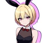  1girl absurdres afterimage animal_ear_headwear animal_ears bare_shoulders black_leotard blonde_hair highres hikari_(hikaring3120) idolmaster idolmaster_shiny_colors leotard playboy_bunny purple_eyes rabbit_ears saijo_juri short_hair simple_background solo upper_body v-shaped_eyebrows white_background 