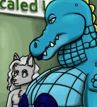  2023 alligator alligatorid anthro azrael_(tertia) azurlligator big_breasts black_nose blue_body blue_eyes blue_lips blue_lipstick blue_nipples blue_scales blush breasts bulging_neck canid canine canis chest_tuft cleavage clothed clothing crocodilian digital_drawing_(artwork) digital_media_(artwork) duo eyebrows eyelashes fangs female fur girl_staring_at_man&#039;s_chest green_wall grey_body grey_fur grey_hair hair hair_over_shoulder half-closed_eyes hi_res inner_ear_fluff interspecies large_pecs larger_female lips lipstick looking_at_another looking_at_partner looking_down makeup male male/female mammal multicolored_body multicolored_scales muscular muscular_anthro muscular_female narrowed_eyes nathile_tiduna nipples non-mammal_breasts pecs ponytail pupils reptile scales scalie scutes sign size_difference skywater slit_pupils smaller_male snout teeth topless topless_anthro topless_female topless_male tuft wall_(structure) wavy_hair wolf yellow_scutes 