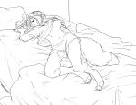  2017 anthro areola bed biped black_and_white bottomwear breasts canid canine claws clothed clothing digitigrade dipstick_tail ear_piercing eyebrows female fox furniture hair inside line_art long_hair lying lying_on_bed malachyte mammal markings meeloh monochrome navel nipples on_back on_bed open_mouth partially_clothed piercing shirt shorts sleeping solo tail tail_markings toe_claws topwear wardrobe_malfunction 