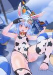  1girl :d animal_ears animal_print ass bell black_gloves blue_hair blue_nails breasts cameltoe censored collar cooler cow_print crocs gloves hair_ornament heart heart_censor highres holding holding_water_gun hololive long_hair looking_at_viewer moral_cacoethes neck_bell nipples one-piece_swimsuit outdoors parasol ponytail rabbit_ears red_eyes see-through shoes shoes_removed small_breasts smile solo stirrup_legwear sunglasses swimsuit teeth thighhighs toeless_legwear umbrella usada_pekora virtual_youtuber water_gun wet 