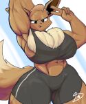  2023 anthro athletic athletic_anthro athletic_female bedroom_eyes biceps big_breasts big_ears bottomwear bra breasts brown_body brown_eyes brown_fur chest_tuft clothing crop_top digital_drawing_(artwork) digital_media_(artwork) dreamerknight eevee eyelashes female fingers fluffy fluffy_tail fur generation_1_pokemon gesture hand_behind_head hi_res long_tail looking_at_viewer midriff muscular muscular_anthro muscular_female muscular_thighs narrowed_eyes navel nintendo open_mouth pokemon pokemon_(species) seductive shirt shorts side_boob signature simple_background smile solo sports_bra tail thick_thighs tongue topwear tuft underwear v_sign wide_hips workout_equipment 