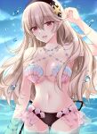  1girl ass_visible_through_thighs bikini black_hairband blue_sky blush breasts cleavage collarbone commentary_request corrin_(female)_(fire_emblem) corrin_(fire_emblem) fire_emblem fire_emblem_cipher fire_emblem_fates grey_hair hair_between_eyes hairband highres kirishima_riona long_hair looking_at_viewer medium_breasts navel official_alternate_costume open_mouth outdoors partially_submerged pointy_ears red_eyes shell shell_bikini sky smile solo stomach swimsuit water 