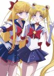  2girls aino_minako back_bow bishoujo_senshi_sailor_moon blonde_hair blue_eyes blue_sailor_collar blue_skirt bow bowtie choker codename_wa_sailor_v crescent crescent_choker crescent_earrings crescent_facial_mark domino_mask double_bun earrings elbow_gloves facial_mark forehead_mark gloves gold_earrings hair_bow hair_bun highres jewelry long_hair mask mask_removed midriff miniskirt multiple_girls navel parted_bangs pleated_skirt red_bow red_bowtie red_choker sailor_collar sailor_moon sailor_senshi sailor_senshi_uniform sailor_v sailormooe630 school_uniform serafuku shirt short_sleeves shoulder_pads skirt stud_earrings tsuki_ni_kawatte_oshioki_yo twintails very_long_hair white_choker white_gloves white_shirt 