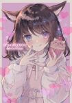  1girl :q animal_ears blue_eyes blush brown_hair cat_ears cat_girl commission cupcake dress food heterochromia long_hair long_sleeves mishiro_(iromishiro) original pink_dress purple_eyes skeb_commission smile solo swept_bangs tongue tongue_out 