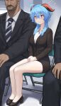  1girl 2boys absurdres ahoge bare_legs beard black_jacket blazer blinds blue_hair blush breasts chair closed_mouth dolri facial_hair flying_sweatdrops formal full_body ganyu_(genshin_impact) genshin_impact goat_horns height_difference highres horns jacket large_breasts long_hair multiple_boys nervous nervous_smile office_lady own_hands_together pencil_skirt purple_eyes shoes sidelocks sitting skirt smile suit thighs 