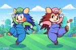  2023 3:2 animal_crossing anthro block brown_body clothing cosplay duo eulipotyphlan fangs female guywiththepie hedgehog hi_res lidded_eyes luigi mabel_able mammal mario mario_bros nintendo open_mouth outside overalls sable_able signature slightly_chubby slightly_chubby_female smile teeth thick_thighs 