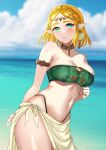  1girl absurdres bandeau bare_shoulders bikini blonde_hair blue_sky braid cloud commentary_request cowboy_shot crown_braid day green_bikini green_eyes highres looking_at_viewer navel ocean pointy_ears princess_zelda sarong short_hair sky solo standing stomach strapless swimsuit tara_(szzj7733) the_legend_of_zelda the_legend_of_zelda:_tears_of_the_kingdom thick_eyebrows thighs tube_top water 