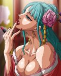  1girl applying_makeup aqua_hair bare_shoulders bbdbg03 blue_eyes braid cosmetics earrings flower hair_flower hair_ornament hair_stick heart heart_earrings highres holding holding_lipstick_tube jewelry kouzuki_hiyori lips lipstick lipstick_tube long_hair makeup nail_polish one_piece open_mouth pink_flower red_lips red_nails signature solo teeth 