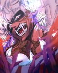  1boy absurdres black_hair braid camazotz_(fate) crazy_eyes dark-skinned_male dark_skin evil_smile fate/grand_order fate_(series) hair_between_eyes headdress highres long_hair looking_at_viewer male_focus multiple_braids open_mouth piercing red_eyes serupu sharp_teeth smile solo teeth tongue tongue_piercing upper_body 