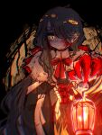  absurdres bandage_over_one_eye big_bird_(lobotomy_corporation) birdcage black_coat black_dress black_hair blood blood_on_face bow bowtie cage claws closed_mouth coat collared_shirt dress highres lantern library_of_ruina long_hair looking_at_viewer makihako_bunko project_moon red_bow red_bowtie shirt sidelocks smile very_long_hair white_shirt yellow_eyes 