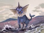  :d animal_focus black_eyes bright_pupils cloud commentary_request full_body highres looking_at_viewer open_mouth outdoors pokemon pokemon_(creature) sand shore sky smile splashing standing tongue vaporeon water white_pupils zai_(3333333333353pk) 