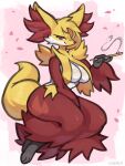  absurd_res anthro big_breasts breasts canid canine delphox female fingers fur generation_6_pokemon hi_res inner_ear_fluff looking_at_viewer mammal multicolored_body multicolored_fur nintendo pokemon pokemon_(species) red_body red_fur smoking solo tail tuft white_body white_fur yarney yellow_body yellow_fur 