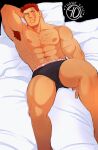 1boy abs absurdres arm_behind_head armpit_hair armpits bara beard beard_stubble black_male_underwear boku_no_hero_academia boxer_briefs bulge chest_hair endeavor_(boku_no_hero_academia) facial_hair feet_out_of_frame hairy highres large_pectorals looking_at_viewer lying male_focus male_underwear mature_male muscular muscular_male navel navel_hair nipples on_back on_bed pectorals sanpaku scar scar_across_eye short_hair sideburns solo spiked_hair stomach stormcallart strongman_waist stubble thick_eyebrows thick_thighs thighs topless_male underwear 