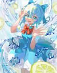  1girl absurdres ahoge blue_bow blue_dress blue_eyes blue_hair bow cirno dress fang firecracker_(user_kgxp3553) food fruit hair_between_eyes highres ice ice_cube ice_wings lemon lemon_slice open_mouth red_bow touhou v wings 