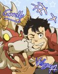  2boys bara beard black_hair black_tank_top blank_eyes colored_skin curled_horns demon_boy demon_horns facial_hair forked_eyebrows furry furry_male furry_with_non-furry gardie_(otsukimi) heads_together horns huge_eyebrows interspecies kouhei_(otsukimi) large_hands laughing lion_hair looking_at_viewer male_focus multiple_boys muscular muscular_male one_eye_closed open_hand open_mouth original otsukimi pectorals red_skin short_hair sideburns size_difference tank_top thick_eyebrows waving yaoi 