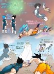  3boys ass black_hair blue_bodysuit blue_hair bodysuit boots cloud colored_skin day dougi dragon_ball dragon_ball_super flying fuoore_(fore0042) gloves green_skin highres holding_another&#039;s_wrist looking_at_another lying male_focus multiple_boys muscular muscular_male namekian on_stomach open_mouth outdoors piccolo pointy_ears short_hair son_goku super_saiyan super_saiyan_blue thighs topless_male torn_bodysuit torn_clothes translation_request turban vegeta white_gloves wristband 