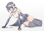  1girl animal_ears bare_shoulders barefoot blush dripping elbow_gloves extra_ears fingerless_gloves frilled_one-piece_swimsuit frills fur_collar gloves grey_gloves grey_hair grey_one-piece_swimsuit grey_thighhighs highres kemono_friends looking_at_viewer one-piece_swimsuit otter_ears otter_girl otter_tail short_hair sidelocks sitting small-clawed_otter_(kemono_friends) smile solo swimsuit tail tanabe_(fueisei) thighhighs toeless_legwear two-tone_one-piece_swimsuit white_fur white_hair white_one-piece_swimsuit yellow_eyes 