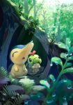  caterpie cyndaquil day flower forest highres looking_up nature no_humans open_mouth outdoors plant pokemon pokemon_(creature) toneko tree water_drop white_flower 