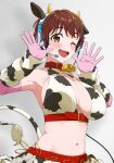  1girl animal_ears animal_print arm_warmers armpits bell belt belt_collar blush breasts brown_eyes brown_hair chest_belt cleavage collar collarbone cow_ears cow_girl cow_horns cow_print cow_tail crop_top cropped_shirt dr._gero_(staedtler_0508) elbow_gloves fake_animal_ears fake_horns fake_tail gloves gradient_background grey_background hands_up headset highres horns idolmaster idolmaster_cinderella_girls idolmaster_cinderella_girls_starlight_stage large_breasts looking_at_viewer midriff navel neck_bell oikawa_shizuku one_eye_closed open_hands open_mouth pink_gloves print_shirt print_skirt red_belt shirt short_hair sideboob skirt smile solo tail teeth underbust upper_body upper_teeth_only 