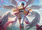  1girl angel angel_wings angewomon belt blonde_hair blue_sky breasts cleavage clothing_cutout covered_eyes digimon digimon_(creature) head_wings helmet_over_eyes highres long_hair mask medium_breasts multiple_wings navel navel_cutout outdoors shoucchi96 sky solo thigh_strap wings 