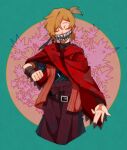  1boy bandaged_arm bandages belt black_mask brown_belt closed_mouth commentary_request employee_(lobotomy_corporation) hakama highres japanese_clothes light_brown_hair lobotomy_corporation male_focus mask mouth_mask project_moon red_hakama red_shawl shawl short_sleeves solo tesna 