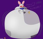  absurd_res begging belly big_belly big_butt bloated blue_ribbon breasts butt dialogue female five_nights_at_freddy&#039;s food food_on_belly food_on_face grey_body hi_res huge_butt hyper hyper_belly immobile lagomorph leporid lying mammal on_front panicking pizza purple_background rabbit reathe red_eyes scottgames shaded simple_background simple_shading solo vanny_(fnaf) worried 