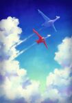  7_phi_3 animal_focus blue_skin blue_sky cloud cloudy_sky colored_skin commentary_request from_below gradient_sky highres latias latios no_humans pokemon pokemon_(creature) red_eyes red_skin sky wings yellow_eyes 