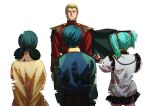 2boys 2girls arms_at_sides arms_behind_back black_cape black_pants black_skirt blonde_hair blood blood_on_hands blue_eyes bow cape char&#039;s_counterattack char_aznable closed_mouth commentary_request digital_dissolve double_bun dress facing_away floating_cape green_hair green_sweater gundam hair_bow hair_bun highres jacket kamille_bidan kogetoriten_999 lalah_sune long_sleeves military_jacket mobile_suit_gundam multiple_boys multiple_girls outstretched_arms pants pleated_skirt quess_paraya raglan_sleeves red_bow red_jacket short_hair simple_background skirt spoilers sweater twintails white_background white_jacket yellow_dress zeta_gundam 