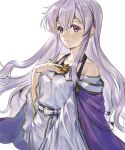  1girl abinosu0903 bare_shoulders breasts closed_mouth fire_emblem fire_emblem:_genealogy_of_the_holy_war hand_on_own_chest highres julia_(fire_emblem) lavender_dress looking_at_viewer medium_breasts purple_eyes purple_hair upper_body 