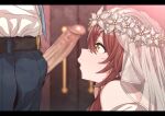  1boy 1girl belt_buckle blue_pants blush bridal_veil brown_hair buckle censored dress erection erere formal idolmaster idolmaster_shiny_colors letterboxed looking_at_penis mosaic_censoring osaki_tenka pants penis producer_(idolmaster) profile shirt solo_focus steam sweatdrop veil wedding_dress white_dress white_shirt yellow_eyes 