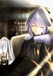  1boy 1girl absurdres birdcage black_cloak black_ribbon book bookshelf cabinet cage cloak closed_eyes couch dot_nose duster eyelashes fate/grand_order fate_(series) feather_duster fur-trimmed_cloak fur_trim gray_(fate) highres hood hood_up light_particles lord_el-melloi_ii myudo-0323 open_mouth ribbon short_hair sitting solo_focus waver_velvet white_hair 