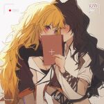  2girls akane031 animal_ears battery_indicator black_hair blake_belladonna blonde_hair blush long_hair multiple_girls purple_eyes recording rwby viewfinder yang_xiao_long yuri 