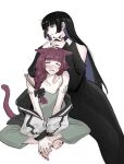  2girls =_= animal_ears bandaid bandaid_on_arm black_bow black_choker black_dress black_hair black_nails blue_hair blush bocchi_the_rock! bow braid cat_ears cat_girl cat_tail chinese_commentary choker collarbone colored_inner_hair commentary_request deerwhisky dress ear_bar ear_piercing green_dress green_eyes grin hair_bow highres hime_cut hiroi_kikuri indian_style jacket jewelry juliet_sleeves kemonomimi_mode long_hair long_sleeves looking_at_viewer multicolored_hair multiple_girls nail_polish open_clothes open_jacket pa-san parted_lips partial_commentary piercing puffy_sleeves purple_hair ring sharp_teeth simple_background single_braid sitting smile spaghetti_strap strap_slip tail teeth toenail_polish toenails two-tone_hair white_background white_jacket 