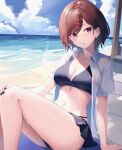  1girl beach bikini bikini_skirt black_bikini black_nails breasts brown_hair cleavage collared_shirt danraz0r day earpiece feet_out_of_frame hair_ornament hairclip hand_on_own_knee highres higuchi_madoka idolmaster idolmaster_shiny_colors legs looking_at_viewer medium_breasts mole mole_under_eye nail_polish navel open_clothes open_shirt outdoors parted_lips purple_eyes shirt short_hair short_sleeves sitting solo stomach swimsuit thighs wet white_shirt 