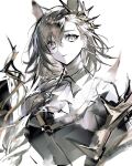  1girl arknights ascot black_jacket braid brown_hair closed_mouth collared_shirt expressionless gold_trim highres jacket long_hair looking_at_viewer mole penance_(arknights) remsrar shirt simple_background thorns upper_body white_ascot white_background white_shirt 