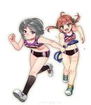  2girls black_socks crop_top ensemble_girls! exercise green_eyes grey_hair hisayoshi_(hisa) iwato_san jogging long_hair multiple_girls orange_hair purple_eyes sakaki_mutsumi shoes short_hair shorts sneakers socks twintails white_background yellow_socks 