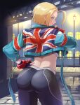  1girl absurdres ass black_pants blonde_hair blue_eyes blue_jacket cammy_white commentary_request cropped_jacket fence from_behind gloves hair_intakes hand_on_own_hip highres jacket kunimaki lamppost looking_back outdoors pants short_hair solo street_fighter street_fighter_6 union_jack window yoga_pants 