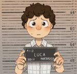  1boy animification artist_name barbie_mugshot_(meme) bishounen blush card child english_commentary english_text height_chart height_mark holding holding_card holding_sign koinotea luca_(pixar) luca_paguro male_child male_focus meme mugshot nervous open_mouth sign solo upper_body 