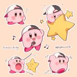  ... 1other :d :o absurdres azusawa_kohane baseball_cap blush character_name closed_mouth commentary english_commentary full_body hat highres holding holding_microphone jingzhaowhale kirby kirby_(series) microphone musical_note one_eye_closed open_mouth project_sekai simple_background smile star_(symbol) twitter_username 