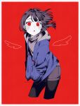  1girl ake_blood black_pantyhose blood blood_on_clothes blue_hoodie border chara_(undertale) drawn_wings english_commentary facial_mark hands_in_pockets highres hood hoodie limited_palette open_mouth pantyhose red_background short_hair shorts signature solo sweater torn_hoodie turtleneck turtleneck_sweater undertale white_border 
