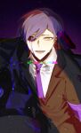  1boy andrian11011 black_jacket black_sclera black_sweater colored_sclera crying crying_with_eyes_open glitch heterochromia highres jacket lobotomy_corporation looking_at_viewer male_focus necktie open_mouth project_moon purple_armband purple_eyes purple_hair purple_necktie simple_background smile solo_focus suit sweater tears turtleneck yellow_eyes yesod_(project_moon) 