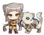  1girl animal animal_ears black_sclera blue_eyes bodysuit brown_eyes brown_hair chibi closed_mouth colored_sclera commentary_request dromarch_(xenoblade) gloves hand_on_own_hip nia_(xenoblade) simple_background smile sparkle standing tiger white_background white_gloves xenoblade_chronicles_(series) xenoblade_chronicles_2 yellow_bodysuit zer00han 