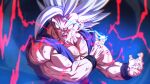  1boy battle_damage dragon_ball dragon_ball_super dragon_ball_super_super_hero electricity gohan_beast incoming_attack makankousappou male_focus muscular muscular_male red_eyes rom_(20) solo son_gohan spiked_hair upper_body white_hair wristband 