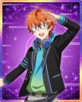  1boy ahoge aoi_kyosuke belt blue-framed_eyewear blue_hoodie glasses hair_between_eyes headphones headphones_around_neck hood hoodie idolmaster idolmaster_side-m idolmaster_side-m_growing_stars long_sleeves looking_at_viewer male_focus official_art open_clothes open_mouth orange_eyes orange_hair salute school_uniform shirt_tucked_in teeth upper_teeth_only 