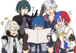  5boys alear_(fire_emblem) alear_(male)_(fire_emblem) blue_eyes blue_hair byleth_(fire_emblem) byleth_(male)_(fire_emblem) closed_eyes corrin_(fire_emblem) corrin_(male)_(fire_emblem) fire_emblem fire_emblem:_new_mystery_of_the_emblem fire_emblem:_three_houses fire_emblem_awakening fire_emblem_engage fire_emblem_fates gloves hair_between_eyes heterochromia highres holding kris_(fire_emblem) kris_(male)_(fire_emblem) long_sleeves looking_at_another multicolored_hair multiple_boys open_mouth red_eyes robin_(fire_emblem) robin_(male)_(fire_emblem) shirt short_hair two-tone_hair white_background white_hair zuzu_(ywpd8853) 