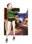  1girl absurdres animal_ears animal_nose arm_up blonde_hair blurry blurry_background border christmas christmas_tree cross-laced_footwear dolphin_shorts english_commentary fox_ears fox_girl fox_tail full_body fur-trimmed_headwear furry furry_female glasses green_footwear green_shorts green_sweater grey-framed_eyewear hand_up hat highres jeifier_(korfiorano01) korean_commentary legs long_hair long_legs long_sleeves mixed-language_commentary orange_eyes original outdoors outside_border photo_background pom_pom_(clothes) profile red_headwear round_eyewear santa_hat shoes short_shorts shorts sidelocks snout snowflake_print solo standing sweater tail thighs white_border 