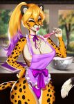  anthro apron areola big_breasts breasts cheetah clothed clothing cooking cream_(disambiguation) digital_media_(artwork) felid feline fluffy fur gynomorph hair hi_res huge_breasts intersex kitchen legwear looking_at_viewer luxie_(luxiesafaia) mammal nipples nude panties simple_background smile solo thick_thighs thigh_highs underwear wide_hips zhadart 